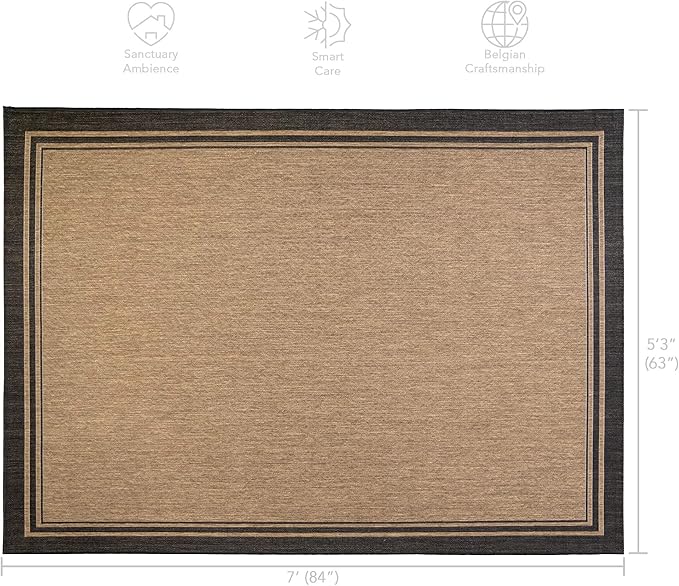Gertmenian Indoor/Outdoor Flatweave Area Rug - 5x7 Standard, Stain & UV Resistant, Ideal For Deck, Patio, Poolside, Mudroom - Simple Border, Black Tan, 21490