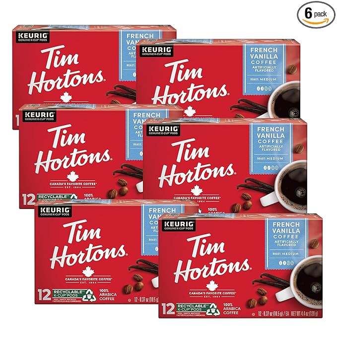 Tim Hortons French Vanilla Coffee, Single-Serve K-Cup Pods Compatible with Keurig Brewers, 72ct K-Cups,Red 12 Count (Pack of 6)