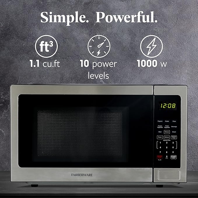 Farberware 1.1 Cu. Ft. Countertop Microwave Oven – 1000 Watts Power, Auto Cook Settings, Defrost, Easy Clean and Child Safety Lock - Stainless