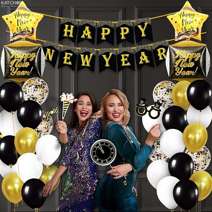 KatchOn, New Years Eve Party Supplies 2026 - Huge, Set of 76 | Black and Gold Happy New Year Banner, 2026 Balloon Numbers | New Year Foil Balloons, New Years Photo Booth Props | NYE Decorations 2026