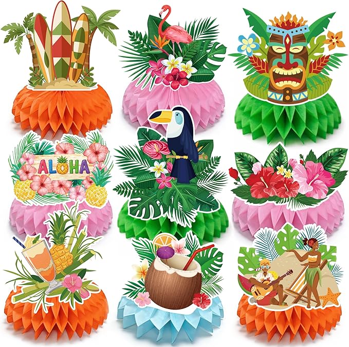Luau Party Decorations - 9 PCS Hawaiian Honeycomb Table Centerpiece for Tiki and Luau Hawaiian Party Favors Supplies | Tropical Party Decorations for Summer Beach Pool Birthday Wedding