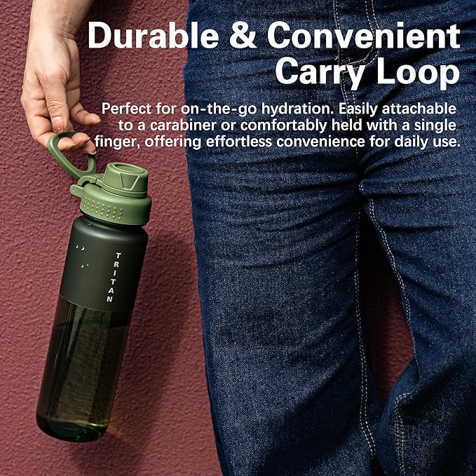 OLDLEY 32oz Frosted Clear Water Bottle, BPA-Free Tritan Plastic Reusable Water Bottle with Fast-Flow Spout Lid, Wide Mouth Leakproof Sports Drinking Bottle for Gym, School, Office, Travel,Olive green