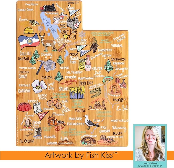 Totally Bamboo Utah State Shaped Cutting Board and Charcuterie Serving Platter with Artwork by Fish Kiss, Includes Hang Tie for Wall Display