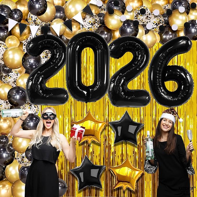 KatchOn, New Years Decorations 2026 Set - Huge, Pack of 85 | Black Gold Stars Balloon, Gold Fringe Curtain Backdrop, 2026 Balloons | New Years Eve Party Supplies 2026, Next Years Birthday Party Decor