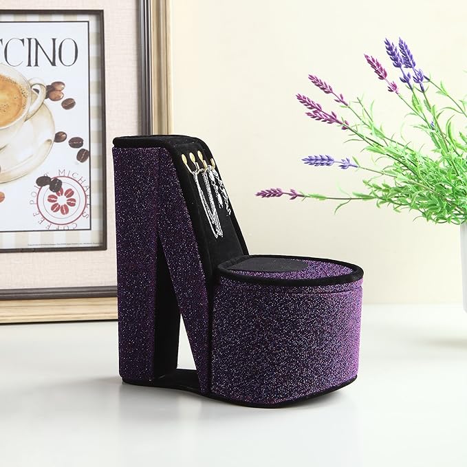 9" in Purple Iridescent Velvet High Heel Shoe Display W/Hooks Jewelry Box