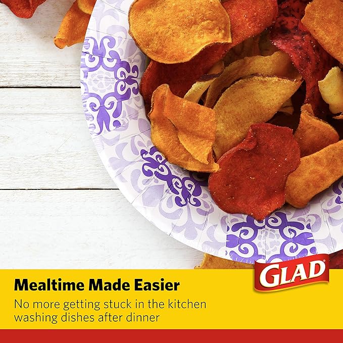 Glad Round Disposable Paper Bowls, Purple Victorian Design - Heavy Duty, Soak-Proof, Cut-Resistant, Microwavable Paper Bowls for All Foods and Daily Use, 12 oz, 20 Count