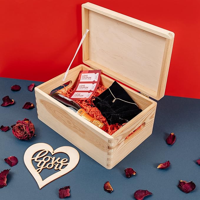 Creative Deco Personalized Wooden Storage Box Valentine Box | 11.8x7.87x5.51in (+-0.5) | Multiple Choice | Hinged Lid Handles Engraving | Unpainted Gift Box | UNSANDED Memory Souvenir Chest