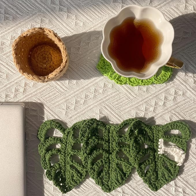 DICHA Monstera Crochet Coasters with Plant Pot-Container Beverage Coaster Sets with Holder Bar Coasters for Drinks Coffee Table Desk-Succulent Plant Pot Coaster-Set of 5