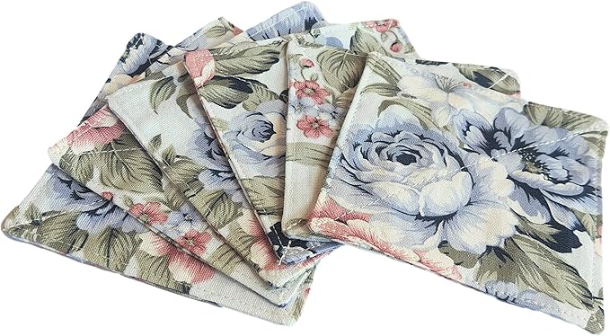 CUSHYSTORE 2 Layers Coasters Saucers Canvas Floral Botanical Fabric 4", 6 Pack - Blue Rose Garden