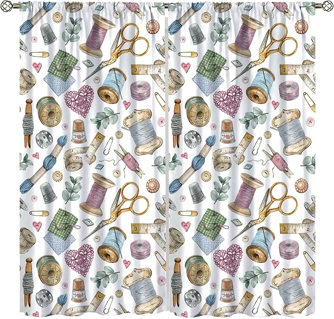 Sewing Mashine Window Curtain,Vintage Style Sewing Tool Needle Thread Watercolor Blackout Curtains for Bedroom Cafe Dining Room Office Living Room Kitchen Drapes, 63x63 in