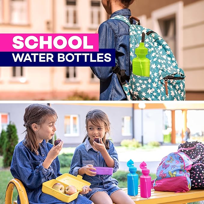 4E's Novelty Bulk Water Sports Bottles for Kids 18 oz - 12 Pack Squeeze Reusable Plastic, Neon Colors, BPA Free, Kids Water Bottles Party Favor Gift Giveaways, End of Year Student Gifts from Teacher