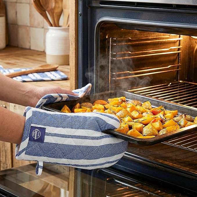 Encasa XO Heat Resistant 100% Cotton Oven Glove & Potholder Set with Loop, Kitchen Cooking Mittens, Microwave Safe Hot Pads (Franca Blue Stripes)