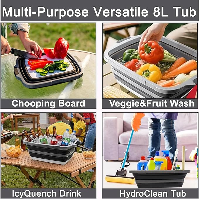 Collapsible BBQ Prep Tub 8L Black | Portable Meat Marinating Container with Locking Cutting Board Lid, BBQ Tongs, 2 Meat Shredding Claws & 2 Heat-Resistant Grill Gloves for Camping & Grilling