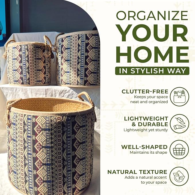 Set of 3 Handwoven Seagrass Baskets with Bohemian Brocade Cover – Decorative Wicker Storage Hampers with Handles for Laundry, Blankets & Toys – Natural Woven Baskets for Home & Bedroom Decor