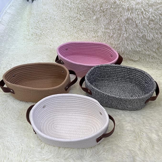 ABenkle Small Woven Basket, Mini Cotton Rope Tiny Oval Shelf Decorative Toy Dog Cat Toy Storage for Nursery, Easter，Empty Gift Baskets, 9.4" x 5.9" x 3.9" XS