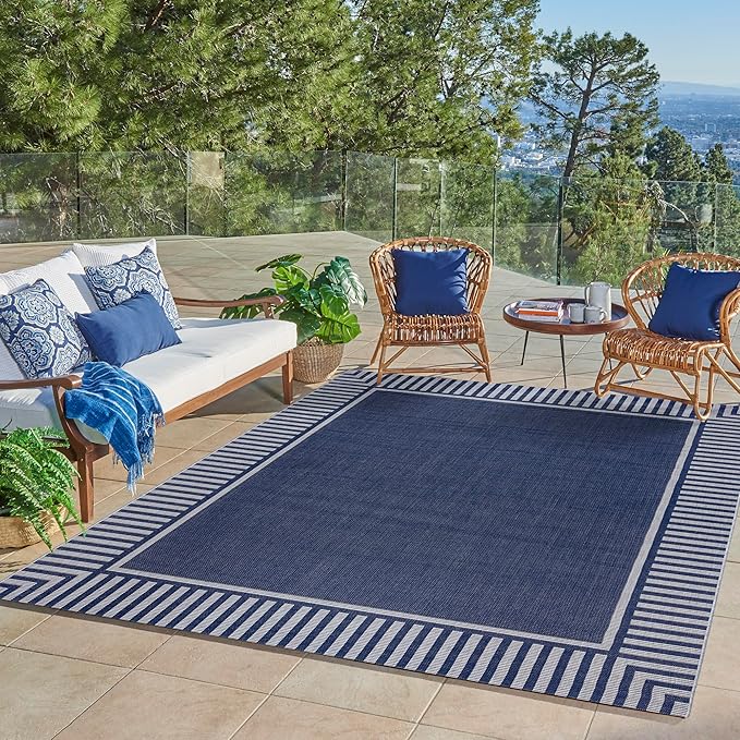 Gertmenian Indoor/Outdoor Flatweave Area Rug - 9x13 Extra Large, Stain & UV Resistant, Quick-Drying, Ideal for Deck, Patio, Poolside, Mudroom - Klano Striped Navy, Gray, 28011
