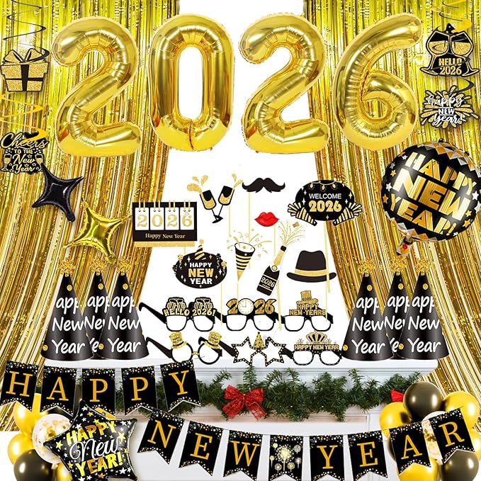 New Years Eve Party Supplies 2026 New Years Decorations 2026 Happy New Year Decorations Eve Party Decorations, Hats & Glasses, Photo Props, Happy New Year Banner Foil Balloon Curtain Hanging Swirls