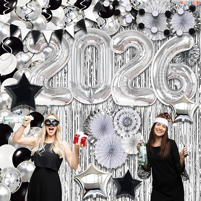 KatchOn, Huge New Years Eve Party Supplies 2026 - Huge Pack of 154 | Silver Fringe Backdrop | 2026 Balloons | Star Balloons For New Years Decorations 2026| NYE Decorations 2026 | New Year Party Decor