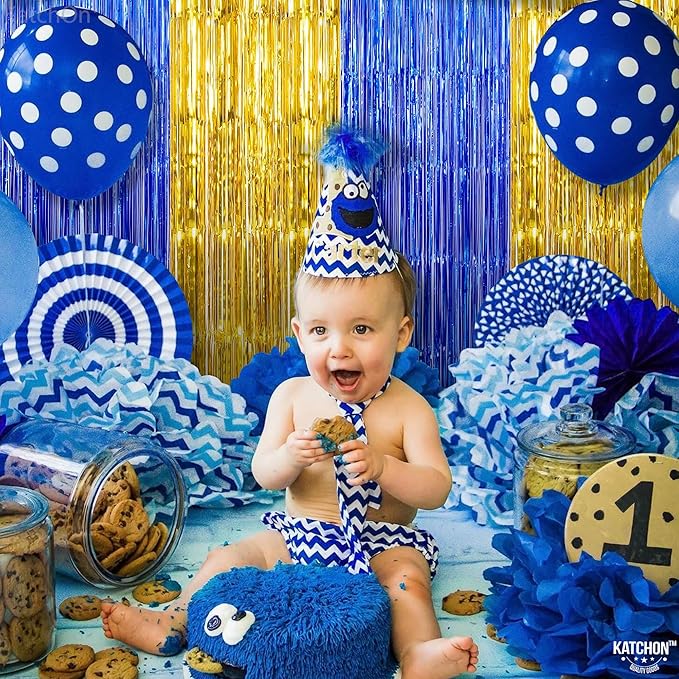 KatchOn, Blue and Gold Fringe Backdrop for Parties - XtraLarge, Pack of 2 | Blue Fringe Backdrop | 2026 Graduation Party Decorations | Graduation Decorations 2026