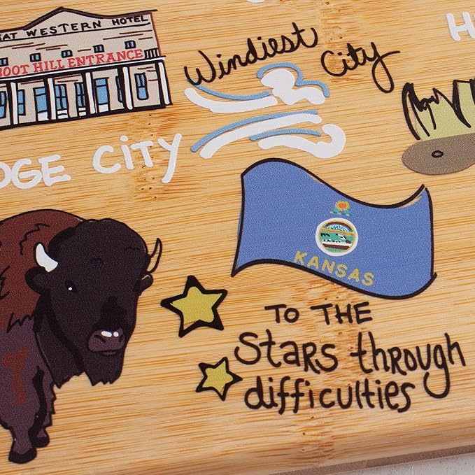 Totally Bamboo Kansas State Shaped Cutting Board and Charcuterie Serving Platter with Artwork by Fish Kiss, Includes Hang Tie for Wall Display