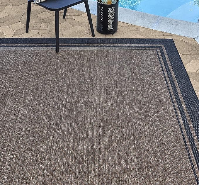 Gertmenian Indoor/Outdoor Flatweave Area Rug - 9x13 Extra Large, Stain & UV Resistant, Ideal For Deck, Patio, Poolside, Mudroom - Simple Border, Black/Nut Brown, 21993