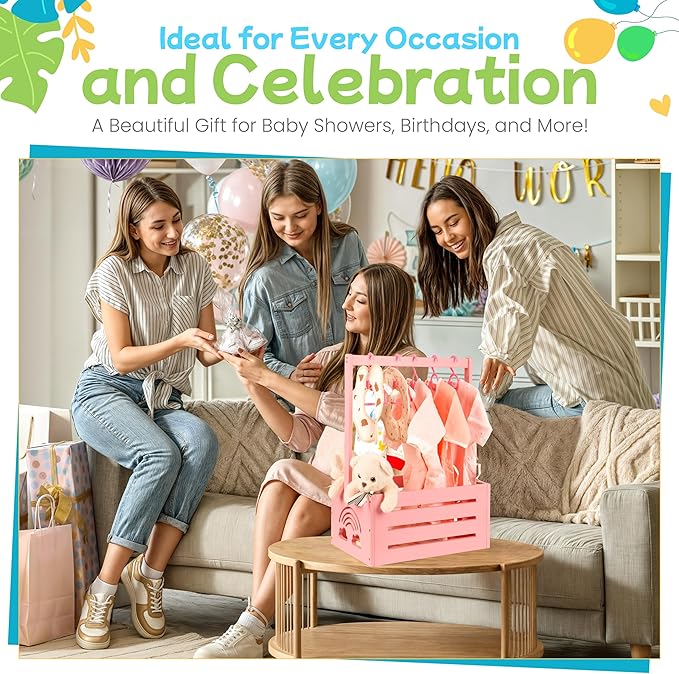 Wooden Baby Shower Crate Closet – with Handle, Smooth Surface & Round Edges – Textured Natural Wood - New Born Welcome Gift Hamper for Boys & Girls - Pregnancy Gifts for New Parents (Baby Pink)
