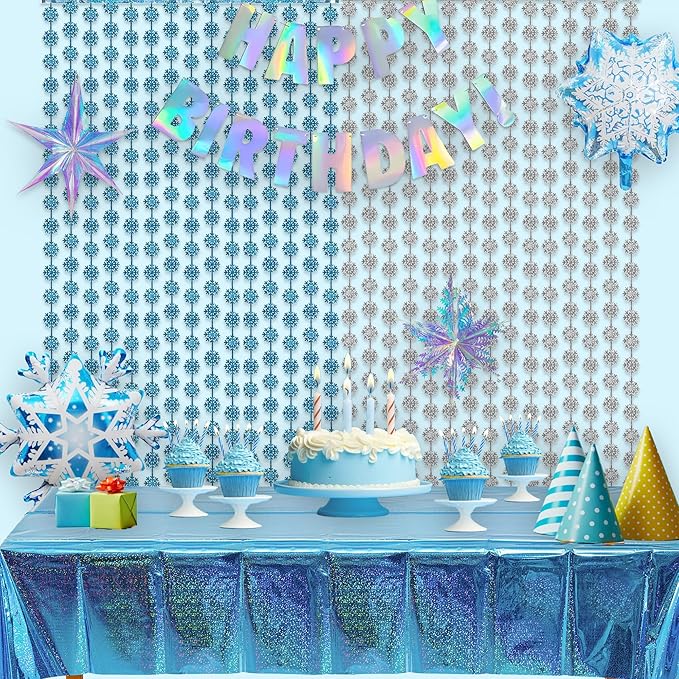 Silver Blue Snowflake Fringe Curtain - GREATRIL Winter Onederland Streamers Backdrop with Sparkling Snowflake for Christmas Birthdays Party Decoration -3.2ft x 6.5ft - 2 Pack