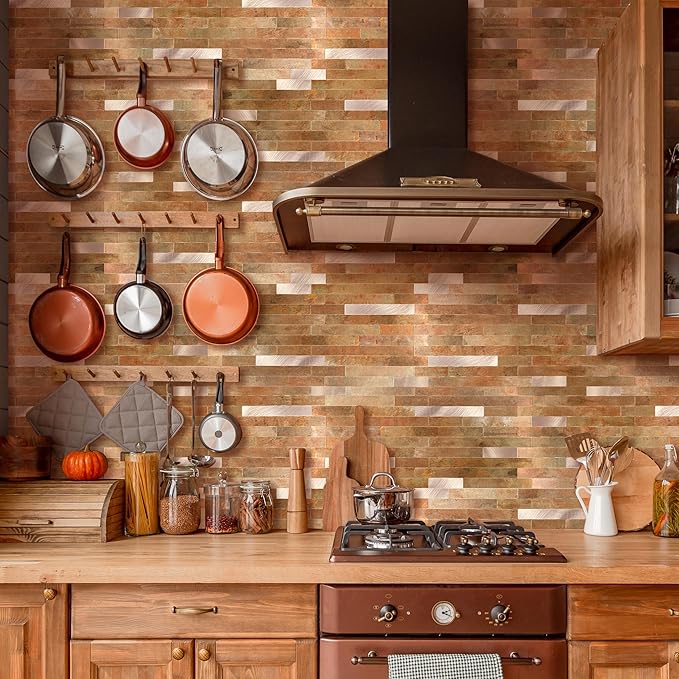 Yipscazo 10 Sheets Peel and Stick Metal Tile Backsplash, Stick on Tiles for Backsplash Kitchen, Bathroom, Laundry Room, Camper, Fireplace (12'' X 12'', Copper)