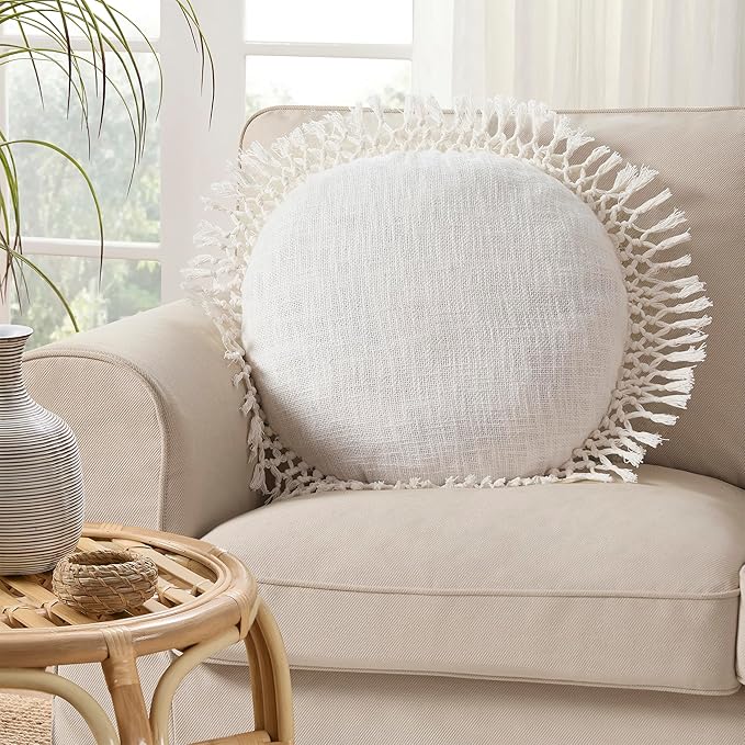 Indigo Ink Round White Decorative Throw Pillow with Tassels - 20" x 20" | Cotton Throw Cushion for Couch, Chair, Bed | Cute Home Decor | Soft Plush Filling | Tufted Medallion Collection, Bright White
