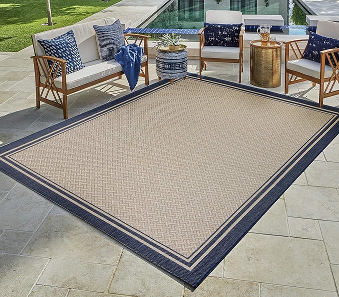 Gertmenian Indoor Outdoor Classic Flatweave Area Rug, Stain & UV Resistant Carpet, Deck, Patio, Poolside & Mudroom, 6x9 Ft Medium, Simple Border, Navy Blue, 21768