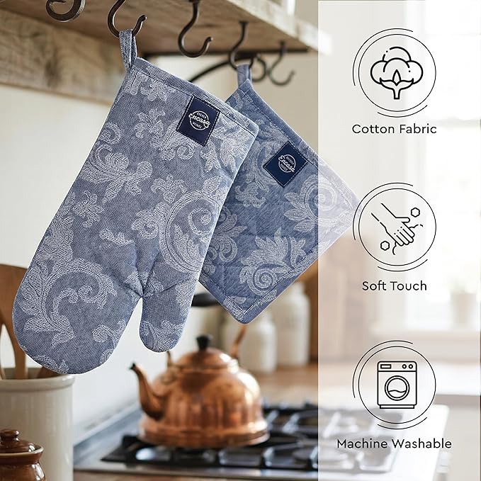 Encasa XO Heat Resistant 100% Cotton Oven Glove & Potholder Set with Loop, Kitchen Cooking Mittens, Microwave Safe Hot Pads (Floral Blue)