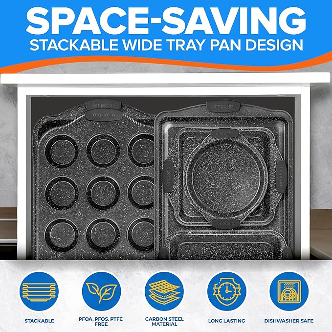 Emporio Kitchen Baking Pan Set - Nonstick Coating, Carbon Steel Bakeware Sets with Gray Silicone Handles, PFOA, PFOS, PTFE Free, Recipe Booklet Included, Oven Safe Tray (Up To 450° F), Set of 6 - Gray