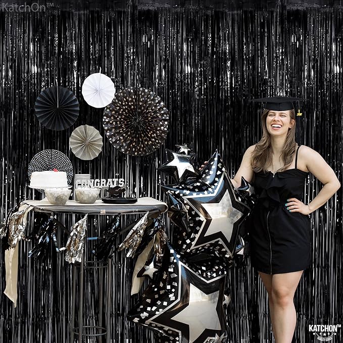 KatchOn Large Black Fringe Backdrop - Pack of 2 | Black Streamers for Graduation Decorations 2026 | Tinsel Backdrop for Anniversary, Birthday, Bachelorette | 2026 Graduation Decorations