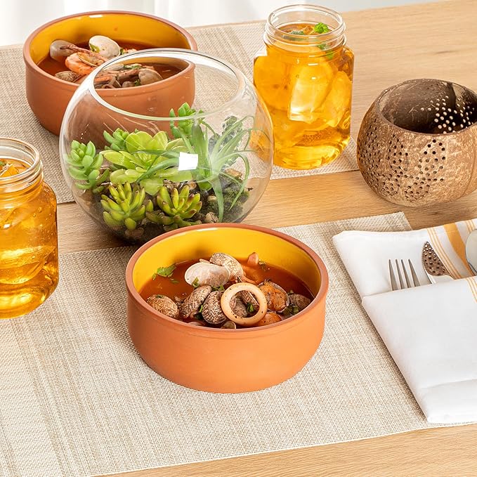 Restaurantware-Terra Tek 27.2 Ounce Terracotta Cazuelas, 2 Yellow Glazed Clay Pots For Cooking - Oven-Ready, Microwavable, Terracotta Serving Pots, Dishwashable, For Cooking And Serving