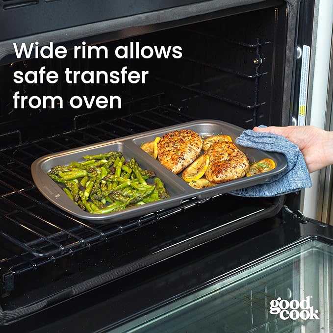 GoodCook Everyday Divided Sheet Pan 1-Inch Deep 2-Section Non-Stick Scratch-Resistant Carbon Steel Construction for Meal Prepping & Sheet Pan Dinners, 11x16-Inch, Gray