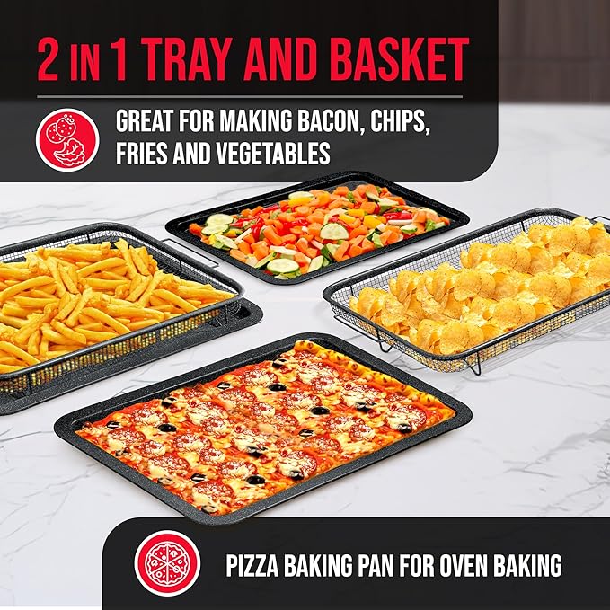 Bakken- Swiss Crisper Tray Gray Marble Coating - 2-Piece Set – Large, Non-Stick Basket Design for Healthier Cooking in Regular Ovens - Achieve Perfectly Crispy Chips, Bacon, and More