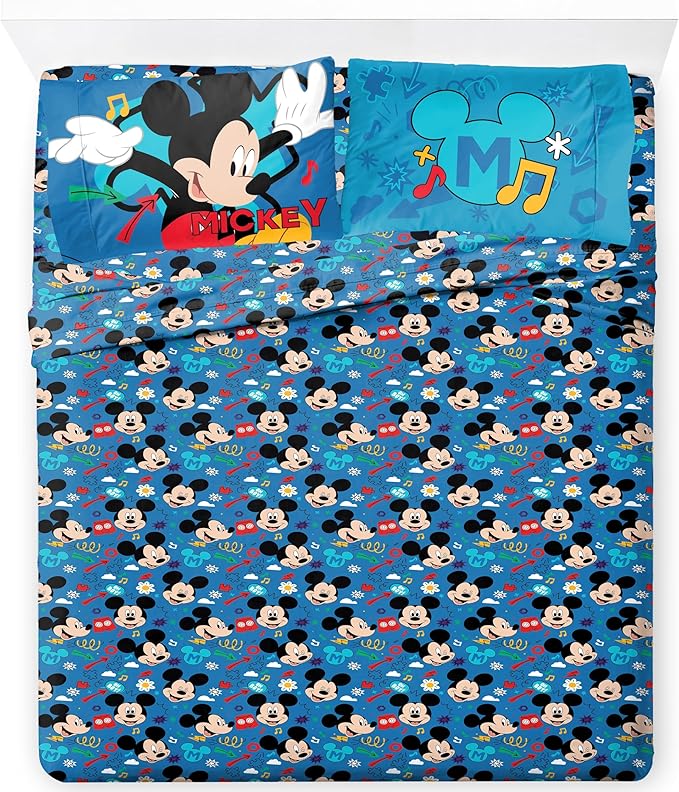 Jay Franco Kids Sheet Set with Fitted, Flat Sheets & Pillow Cover - Ultra-Soft Bedding with Pillowcase for Room Decor, Blue - Mickey Mouse, 4 Piece Queen