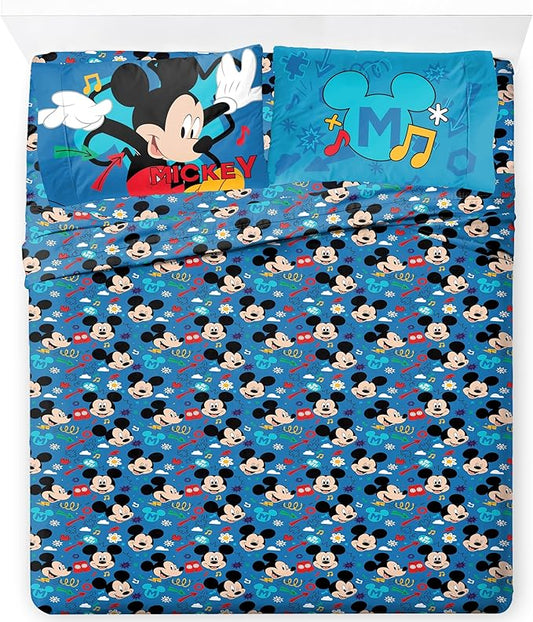 Jay Franco Kids Sheet Set with Fitted, Flat Sheets & Pillow Cover - Ultra-Soft Bedding with Pillowcase for Room Decor, Blue - Mickey Mouse, 4 Piece Queen