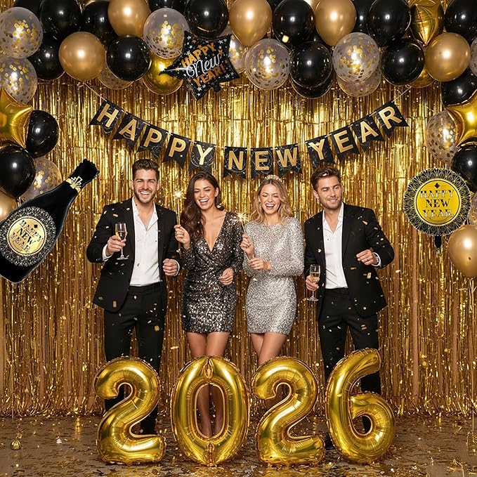 2026 New Year's Eve Decorations Kit - Black Gold White Confetti Balloons Happy New Year Banner, Jumbo 2026 Mylar Balloons,Curtain, Champagne Bottle for New Year's Eve Party Decorations