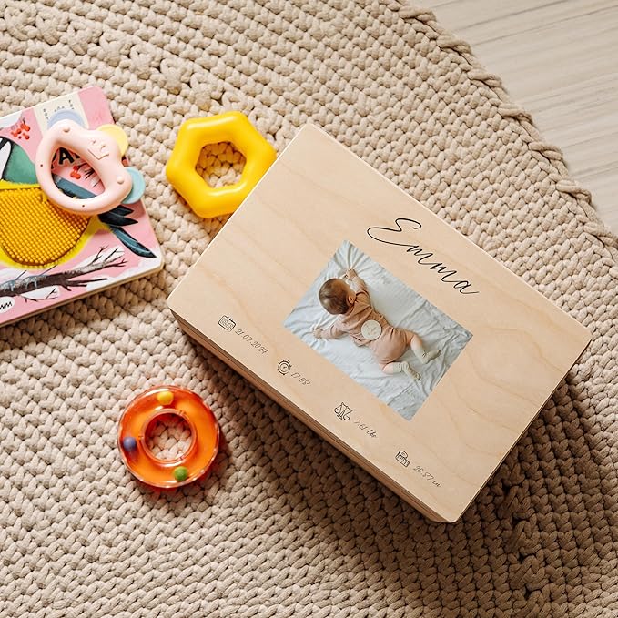 Creative Deco Personalized Wooden Storage Box Baby Memory Box | 11.8x7.87x5.51in (+-0.5) | Photo & Text | Lid Handles Engraving | Birth & Baptism | Gift Box | Rough UNSANDED Keepsake Souvenir Chest