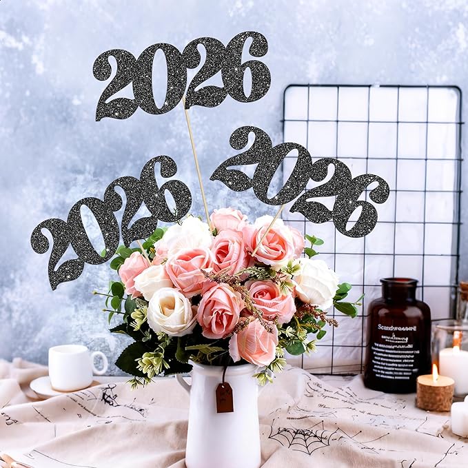 12pcs Black Glitter 2026 Number Centerpiece Sticks Congrats Party Decorations for Table Class of 2026 Graduation Centerpieces for Hello 2026 Christmas New Year Eve Party Supplies
