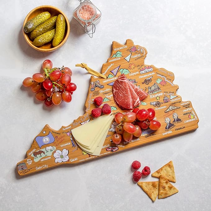 Totally Bamboo Virginia State Shaped Cutting Board and Charcuterie Serving Platter with Artwork by Fish Kiss, Includes Hang Tie for Wall Display