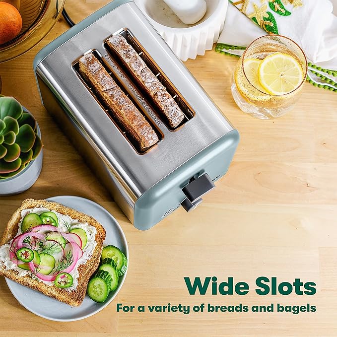 BELLA 2 Slice Toaster, Quick & Even Results Every Time, Wide Slots Fit Any Size Bread Like Bagels or Texas Toast, Drop-Down Crumb Tray for Easy Clean Up, Stainless Steel and Aqua