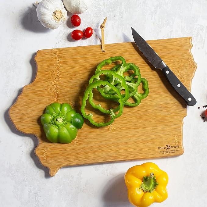 Totally Bamboo Iowa State Shaped Cutting Board and Charcuterie Serving Platter with Artwork by Fish Kiss, Includes Hang Tie for Wall Display