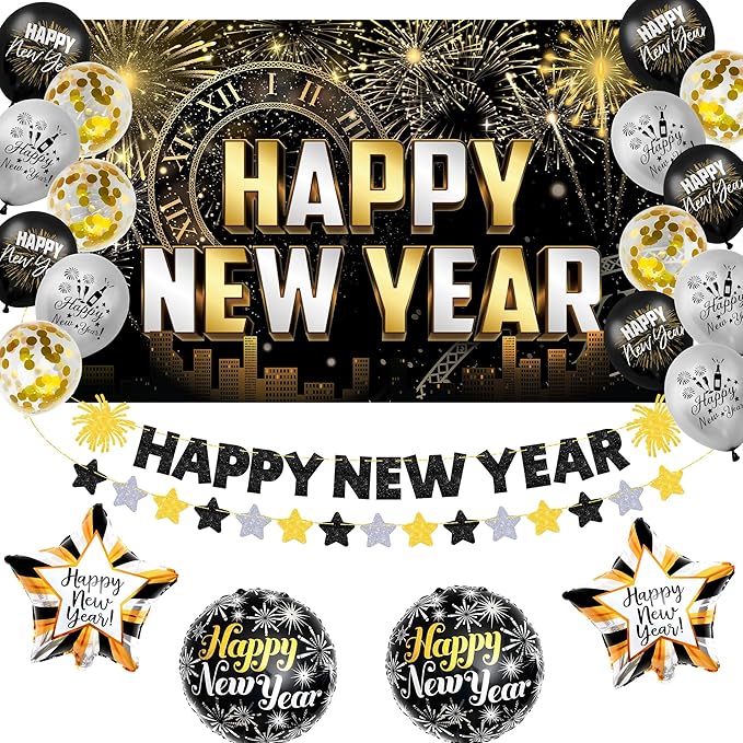 KatchOn, New Years Eve Party Supplies 2026 Set - Big, Pack of 21 | Black and Gold Happy New Year Banner, 2026 Balloon Numbers, New Year Foil Balloons | NYE Decorations 2026, New Years Decorations 2026