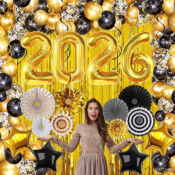 KatchOn, New Years Eve Party Supplies 2026 - Huge Set, Pack of 112 | Black and Gold 2026 Balloon Arch Kit with Gold Fringe Curtain Backdrop | Happy New Year Decorations 2026, NYE Decorations 2026