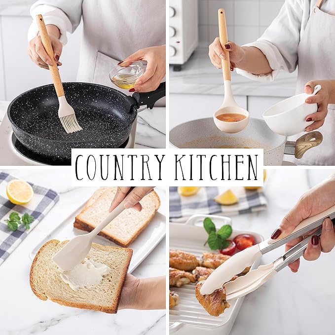 Country Kitchen Non Stick Silicone Utensil Set with Rounded Wood Handles for Cooking and Baking, 38 Piece Set, Khaki