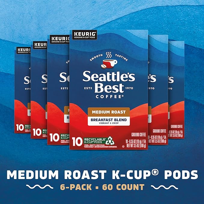 Seattle’s Best Coffee, Medium Roast K-Cup Coffee Pods, Breakfast Blend, 100% Arabica, 6 Boxes (60 Pods Total)