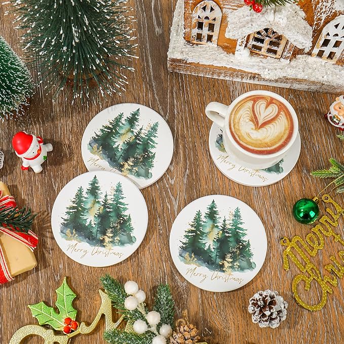 JarThenaAMCS 4Pcs Christmas Coasters Round Ceramic Drink Coaster Watercolor Xmas Pine Tree Cup Mat for Mugs Home Kitchen Farmhouse Table Protection