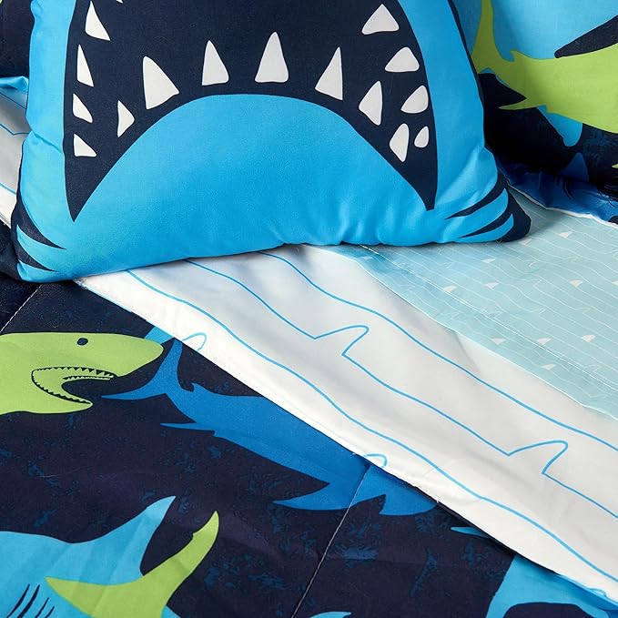 Northwest Classics Twin Sized Shark Adventure 6-Piece Bed in a Bag Set, All Seasons Bedding for Girls and Boys, Comforter, Flat Sheet, Fitted Sheet, Pillowcase, Pillow, Sham